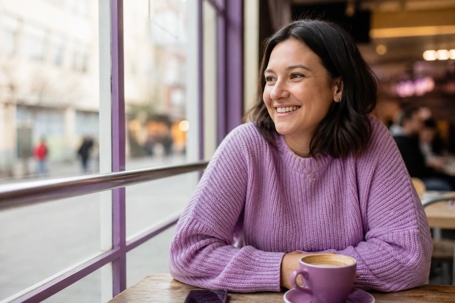 Woman enjoying coffee in Basingstoke town centre