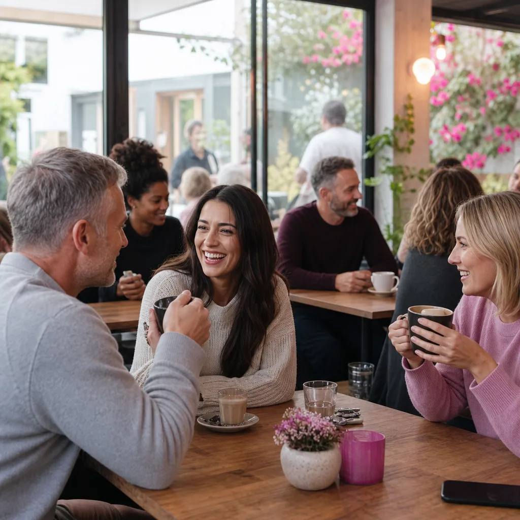 Attendees chatting around a table during a structured dating event