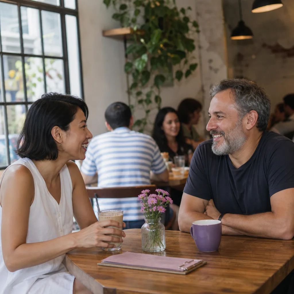 Two adults meeting at a busy café table in central Basingstoke